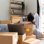 Young startup small business entrepreneur woman packing package post shipping box preparing delivery parcel , Online business, ecommerce and delivery concept. stressed headache.